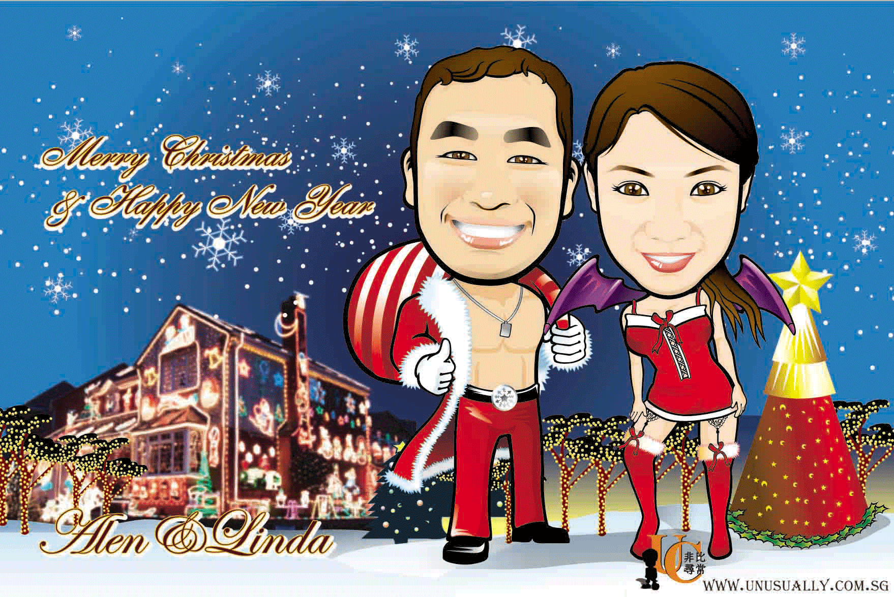 Digital Caricature Drawing - Sweet Sexy Christmas Couple Theme
